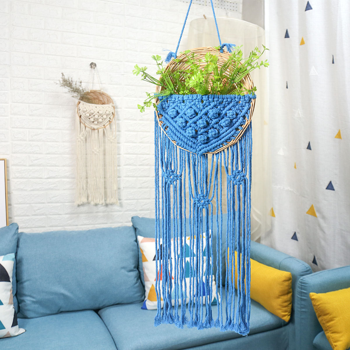 Creative Modern Minimalist Small Fresh Rattan Hand-Woven Tassel Green Hanging Basket Wall Decoration Hanging Decoration