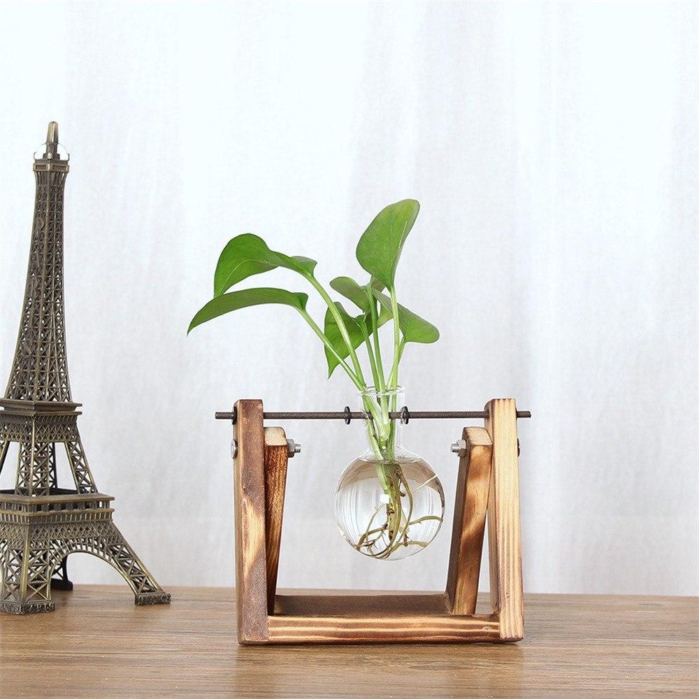 Vintage Creative Hydroponic Plant Transparent Vase Wooden Frame Coffee Shop Room Glass Tabletop Plant Bonsai Decr