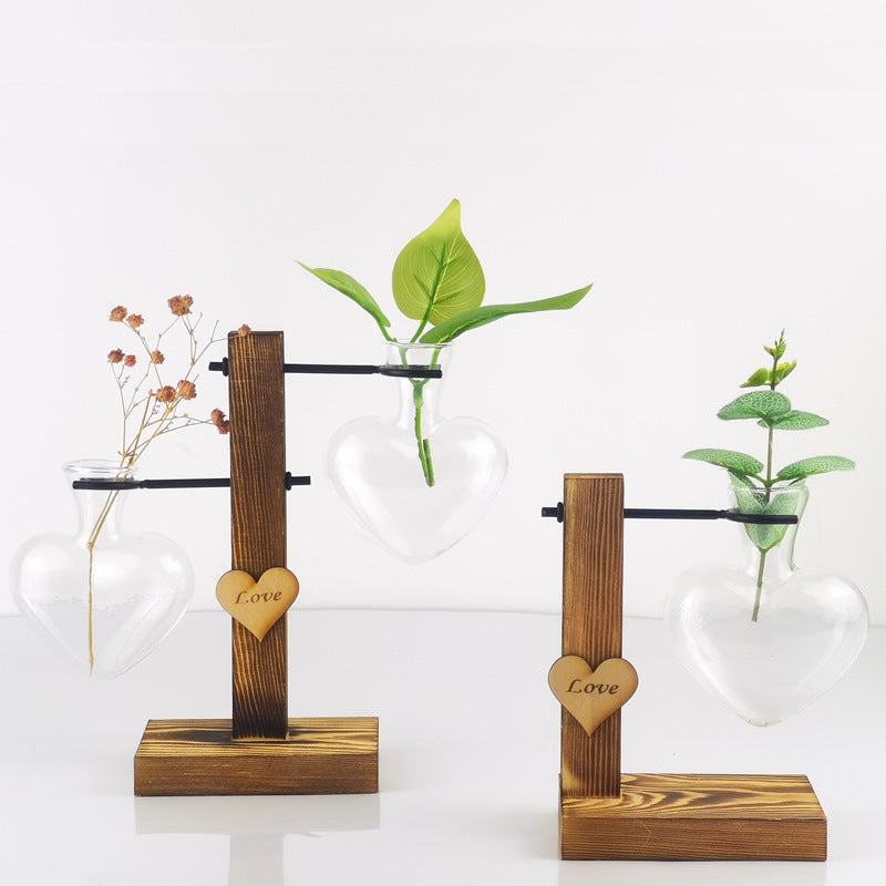 Creative Love Hydroponic Transparent Glass Vase Wooden Dry Flower Arrangement Container Tabletop Decoration Wooden Vase